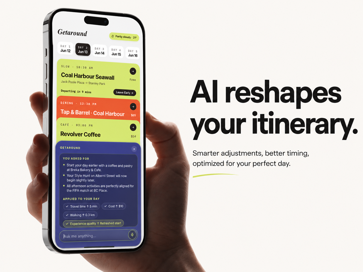 Placeholder phone visual showing itinerary reshaping