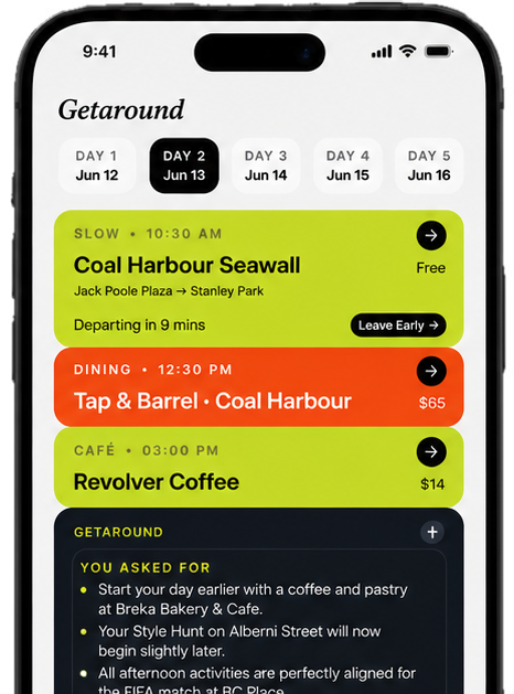 GetAround itinerary screen featuring Coal Harbour Seawall, Tap & Barrel, and Revolver Coffee with AI recommendations